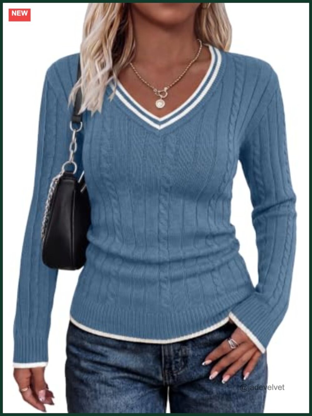 Women's Slim Fit V-Neck Cable Knit Color Block Long Sleeve Pullover Sweater